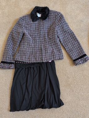 Lush Black and Pink Tweed Coat with Faux Fur Collar And A Black Balloon Skirt.